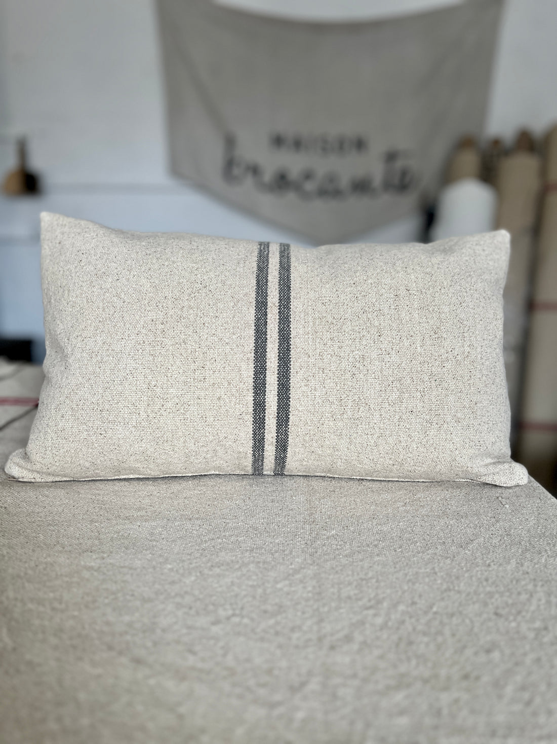 Rustic Grey Stripe Grainsack Oblong Cushion