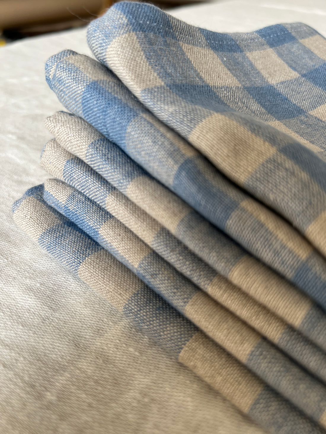 Soft Blue Checked Linen Napkin Set