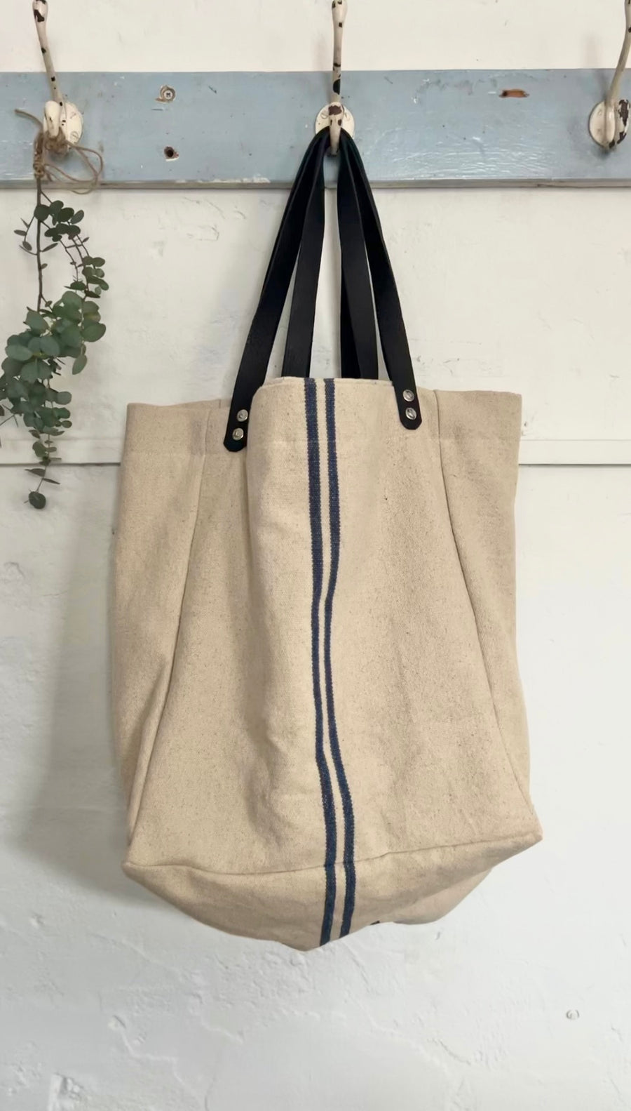 Large Rustic Blue Stripe Grainsack Tote Bag