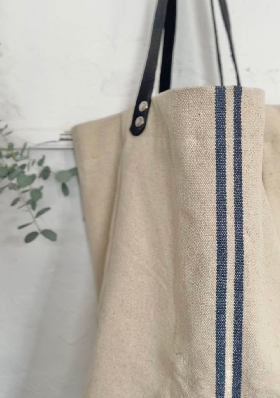 Large Rustic Blue Stripe Grainsack Tote Bag