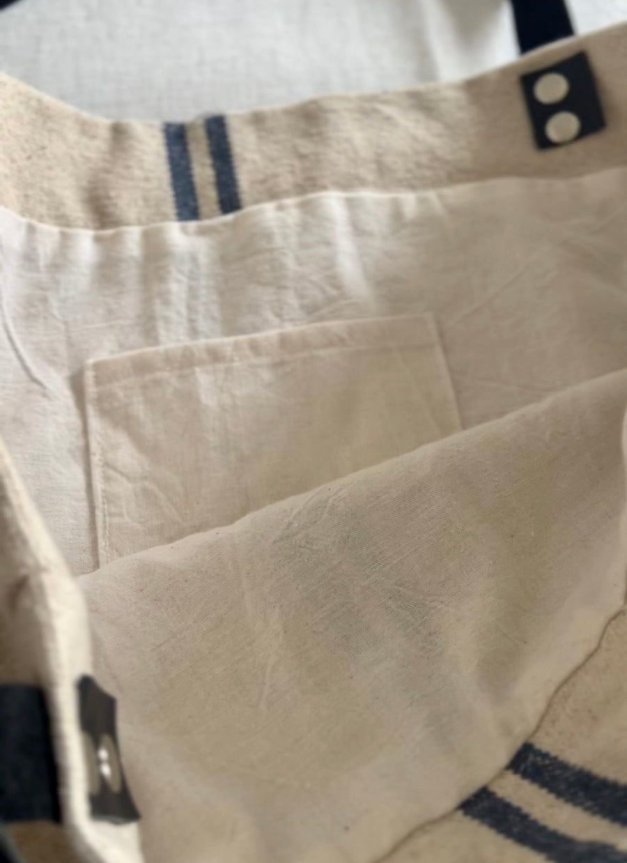 Large Rustic Blue Stripe Grainsack Tote Bag