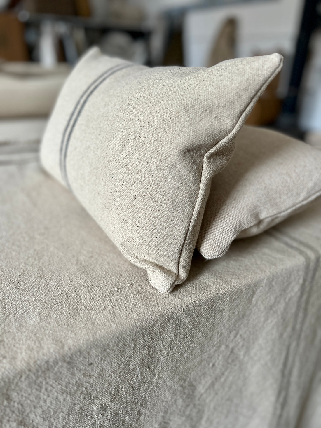 Rustic Grey Stripe Grainsack Oblong Cushion