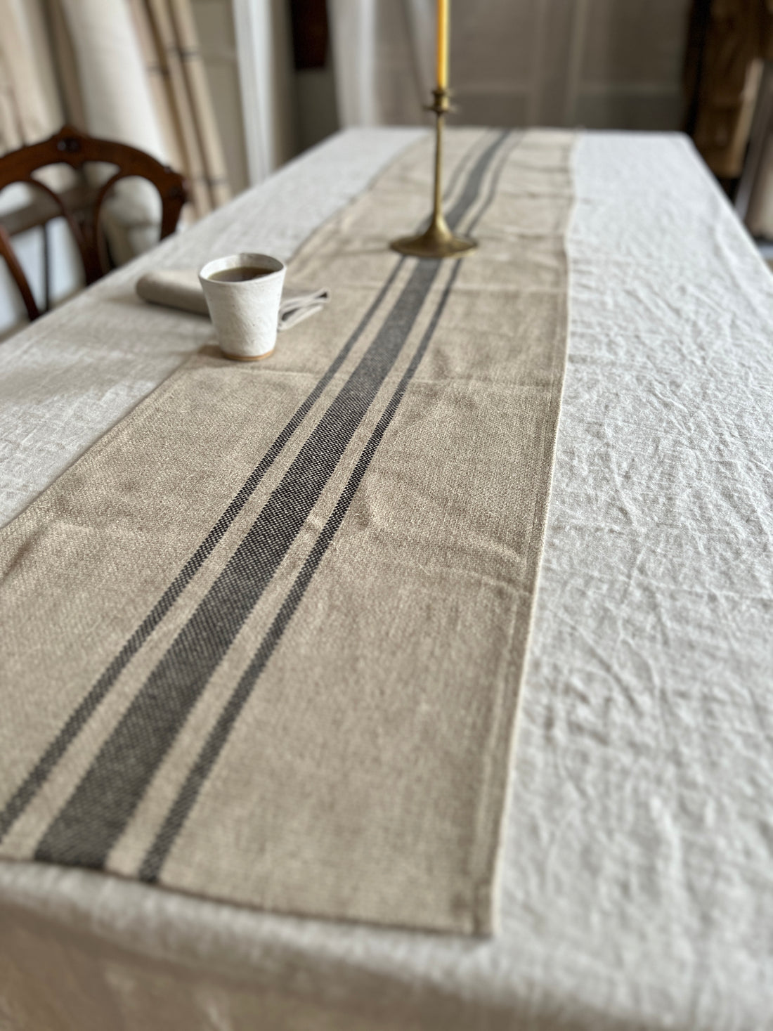 Rustic 'Montblanc' Black Stripe Linen Tablerunner