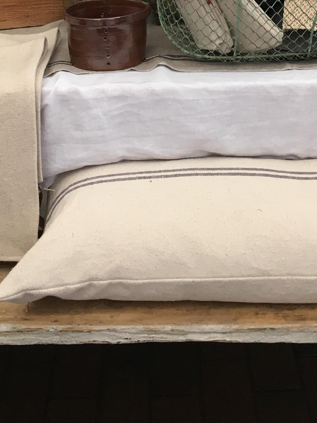 Grey Stripe Linen Hemp Grainsack Bench Cushion