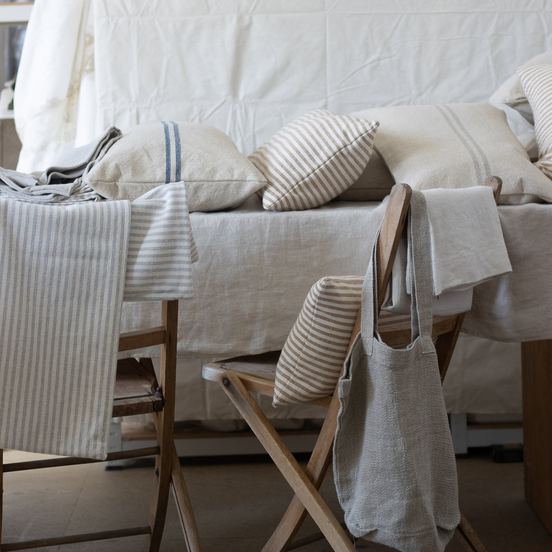 NEW 'Mariola' Recycled Ticking Stripe Cushion - Caramel