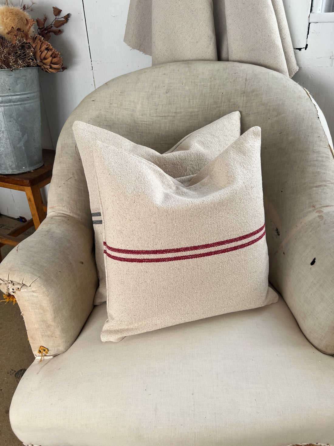 Rustic Red Stripe Grainsack Oblong Cushion