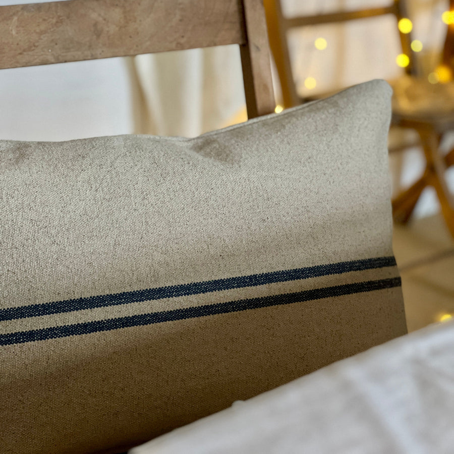 Rustic Blue Stripe Grainsack Oblong Cushion