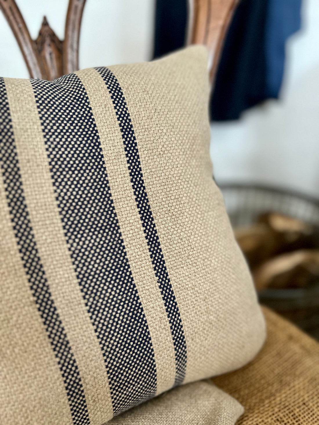 'Montblanc' Rustic Navy Stripe Linen Oblong Cushion