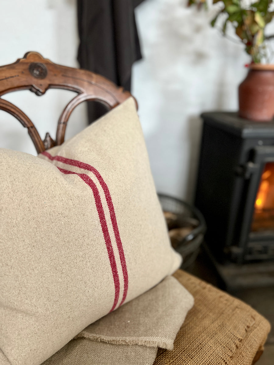 Rustic Red Stripe Grainsack Oblong Cushion
