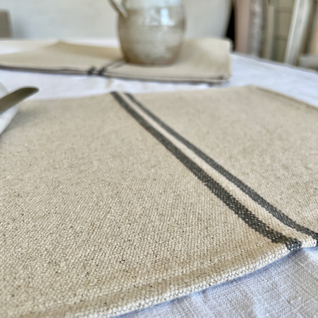 Rustic French Grey Stripe Grainsack Placemat