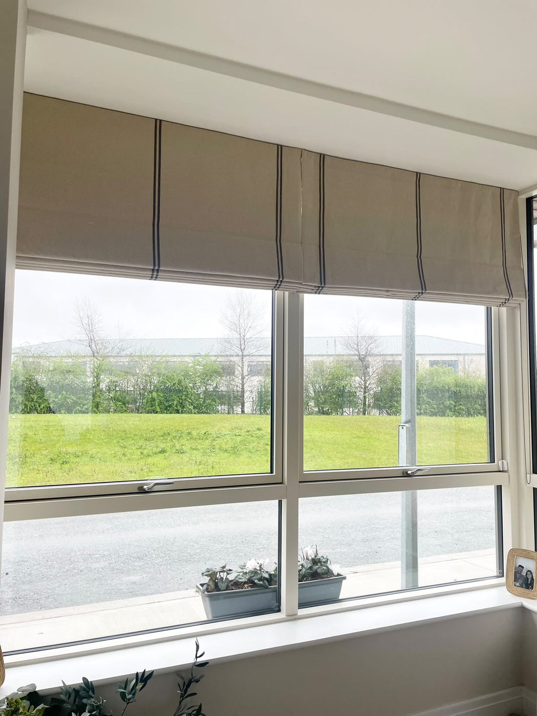 Handsewn Rustic Grey Striped Grainsack Roman Blind - Made to Measure