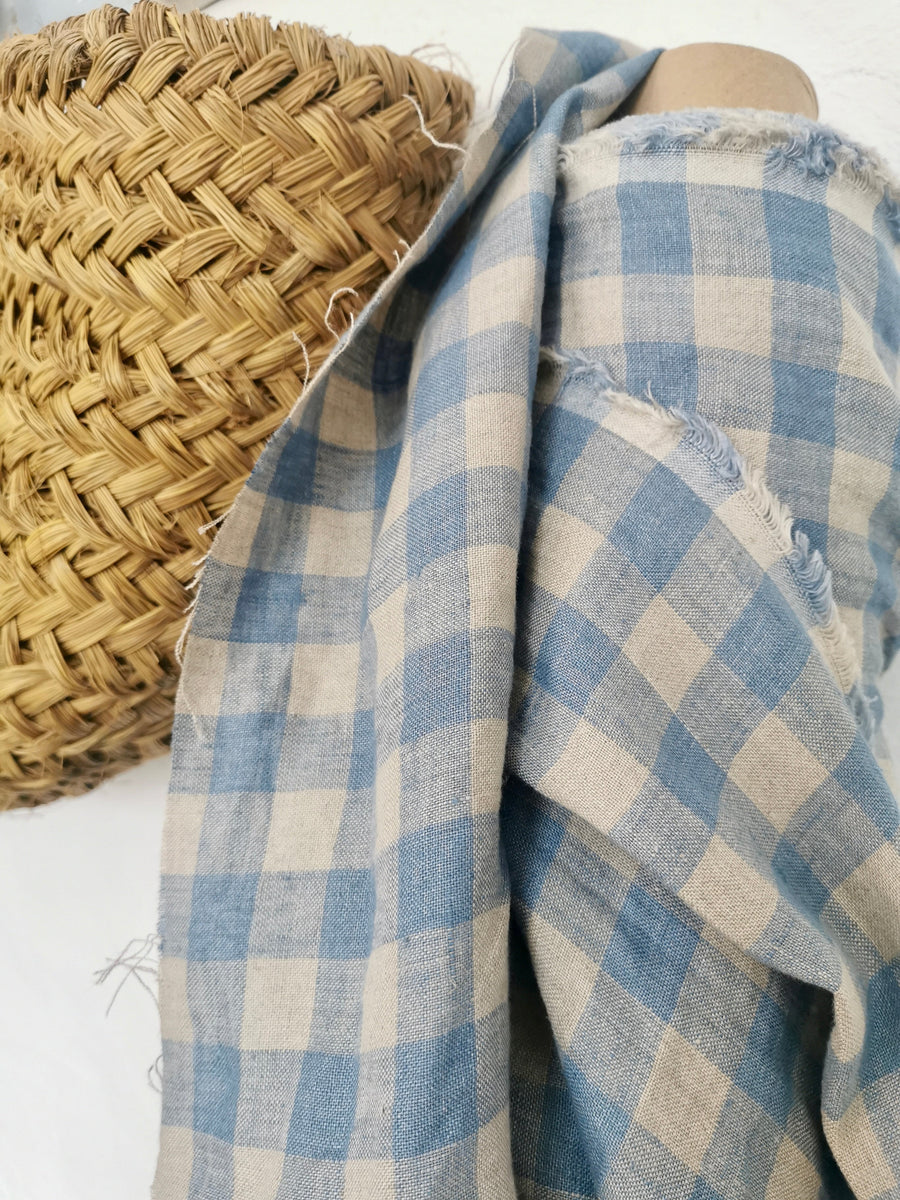 Soft Blue Checked Linen Cushion Cover