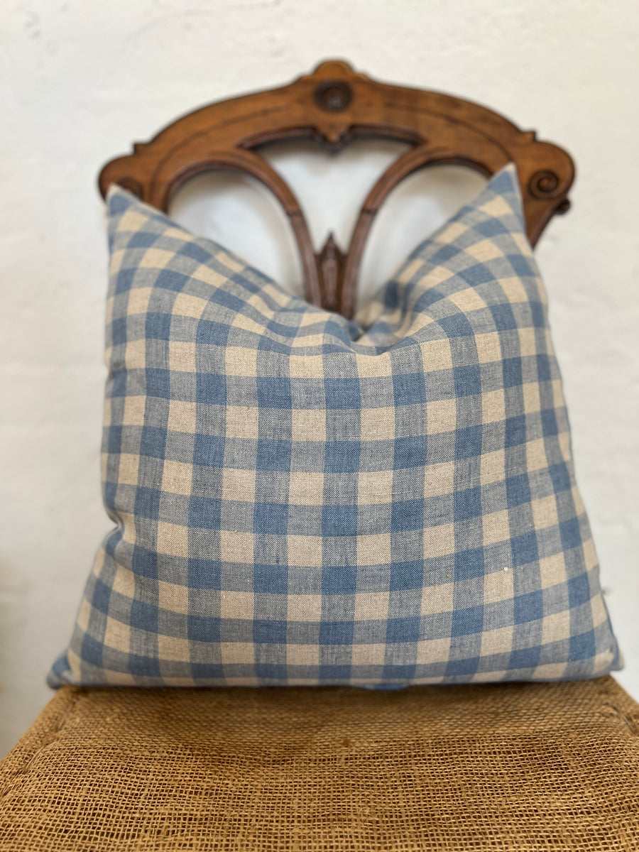 Soft Blue Checked Linen Cushion Cover