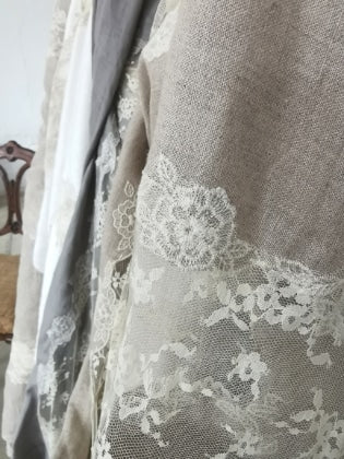French Woven Embroidered Lace Linen  - Natural