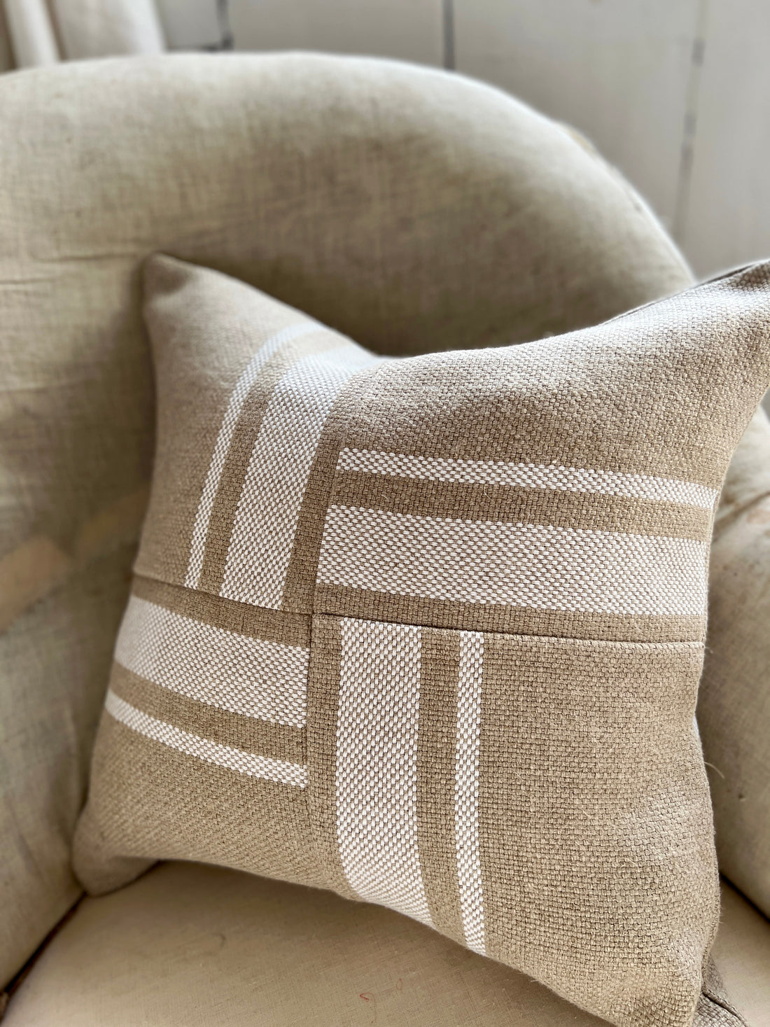 Montblanc Rustic White Stripe Linen Patchwork Cushion