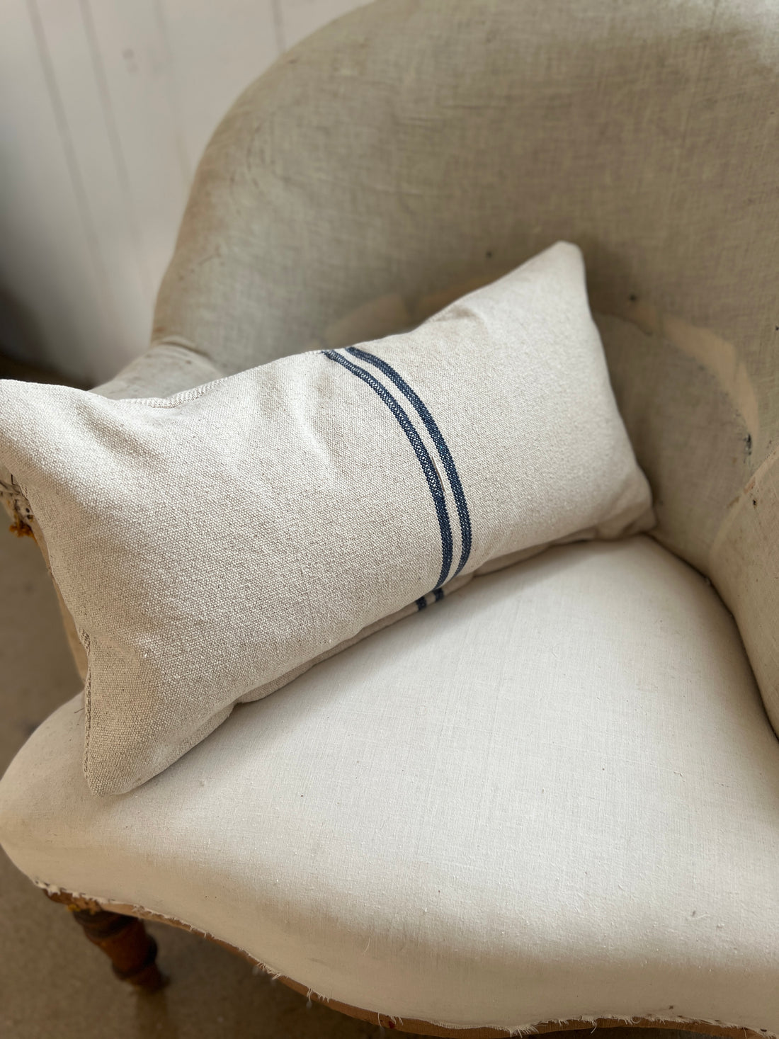 Rustic Blue Stripe Grainsack Oblong Cushion